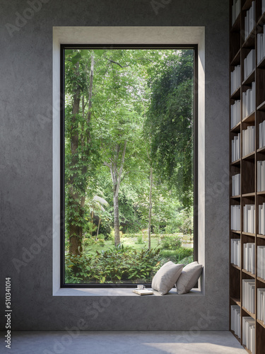 Reading corner by the window with nature view 3d render there are concrete wall decorated with wooden bookshelves