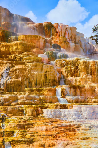 Small waterfalls over terraces at Yellowstone hot spring Devils Thumb