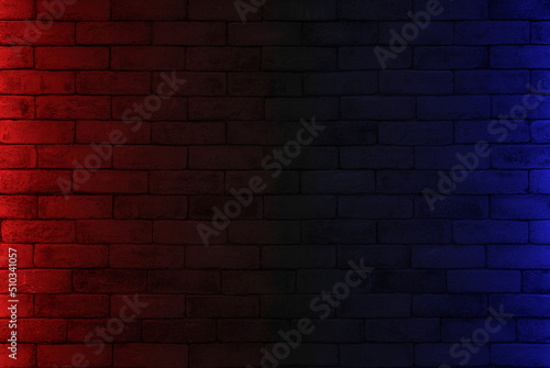 Lighting effect red and blue on empty brick wall background. Lighting effect pink and cyan wall background.