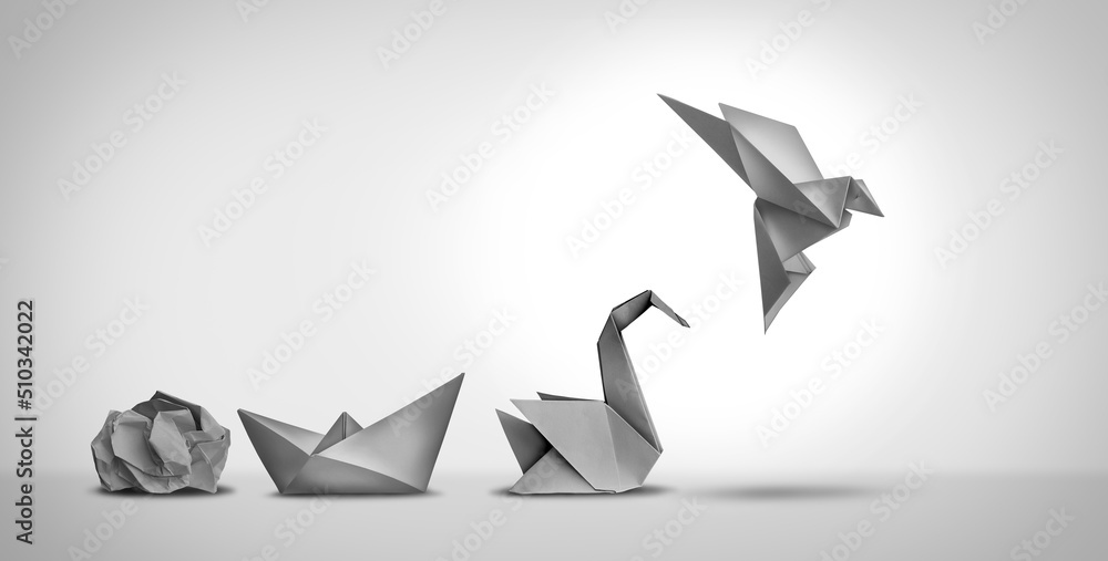 Changing for success as a leadership and business change through innovation and evolution of ability as a crumpled paper transforming into a boat then a swan and a flying bird as a metaphor. - obrazy, fototapety, plakaty 