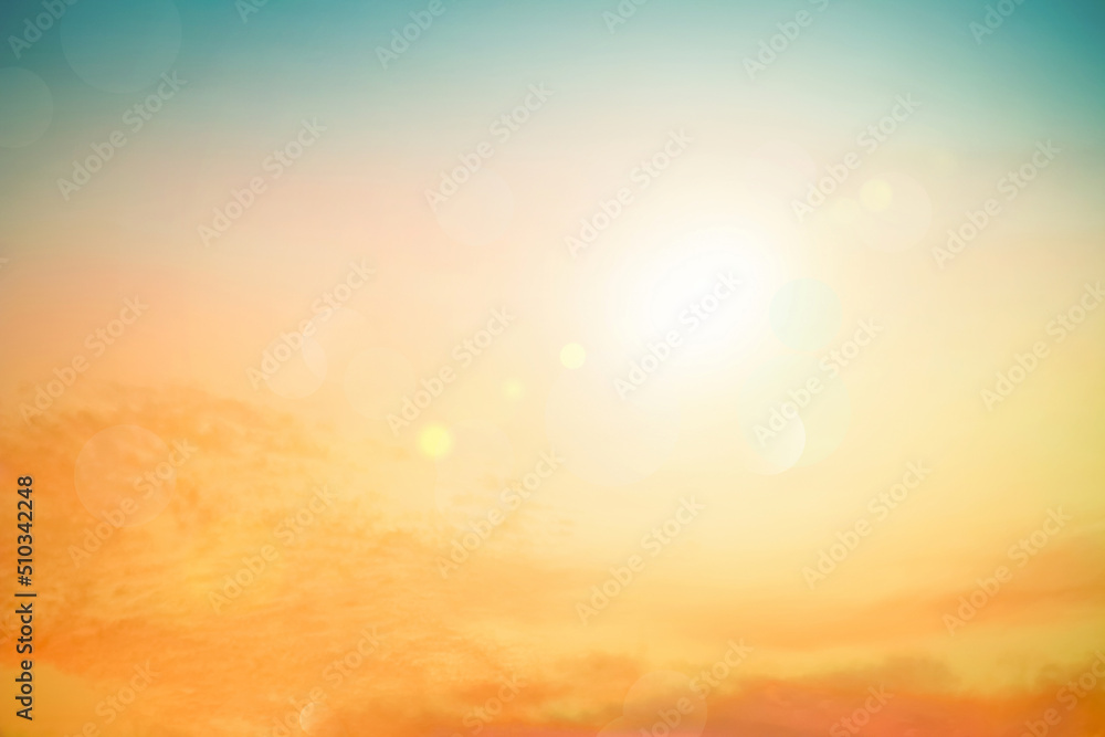 Abstract blurred sunlight beach colorful blurred bokeh background with retro effect autumn sunset sky have blue bright, white, and color orange calm.