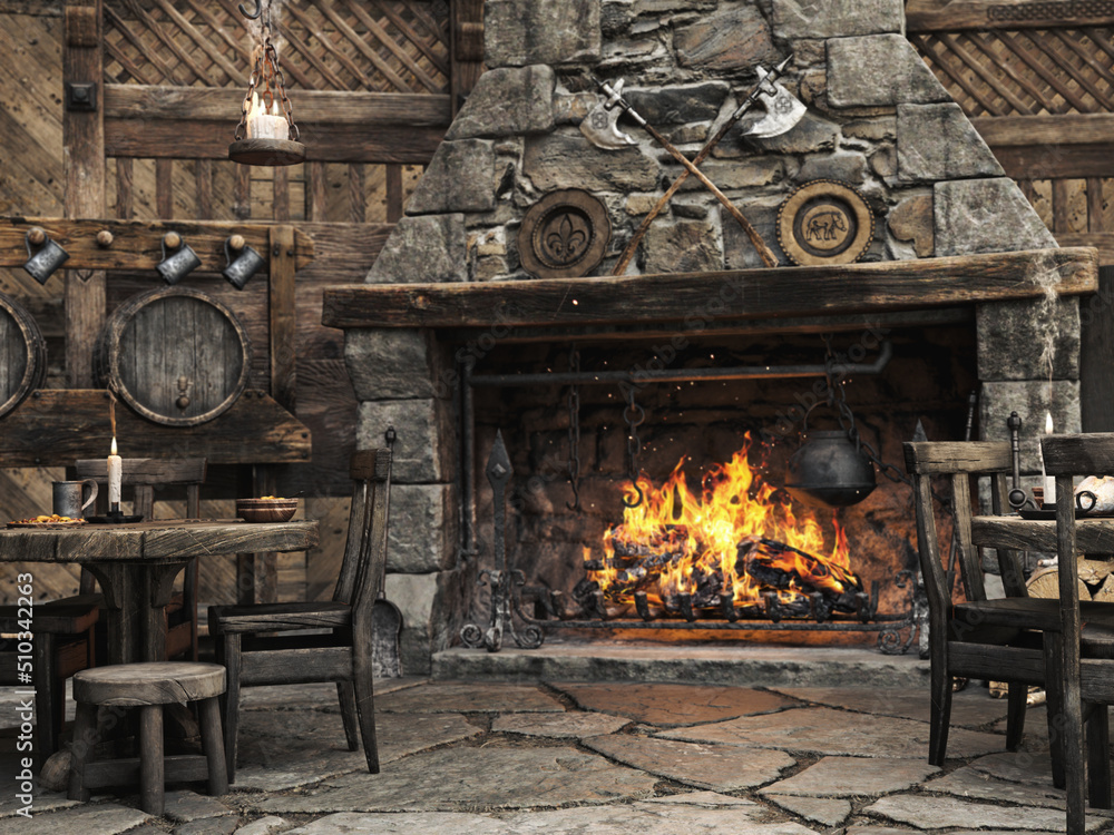 Fantasy medieval tavern inn background with large fireplace. 3d rendering Fantasy medieval tavern inn background with large fireplace. 3d rendering