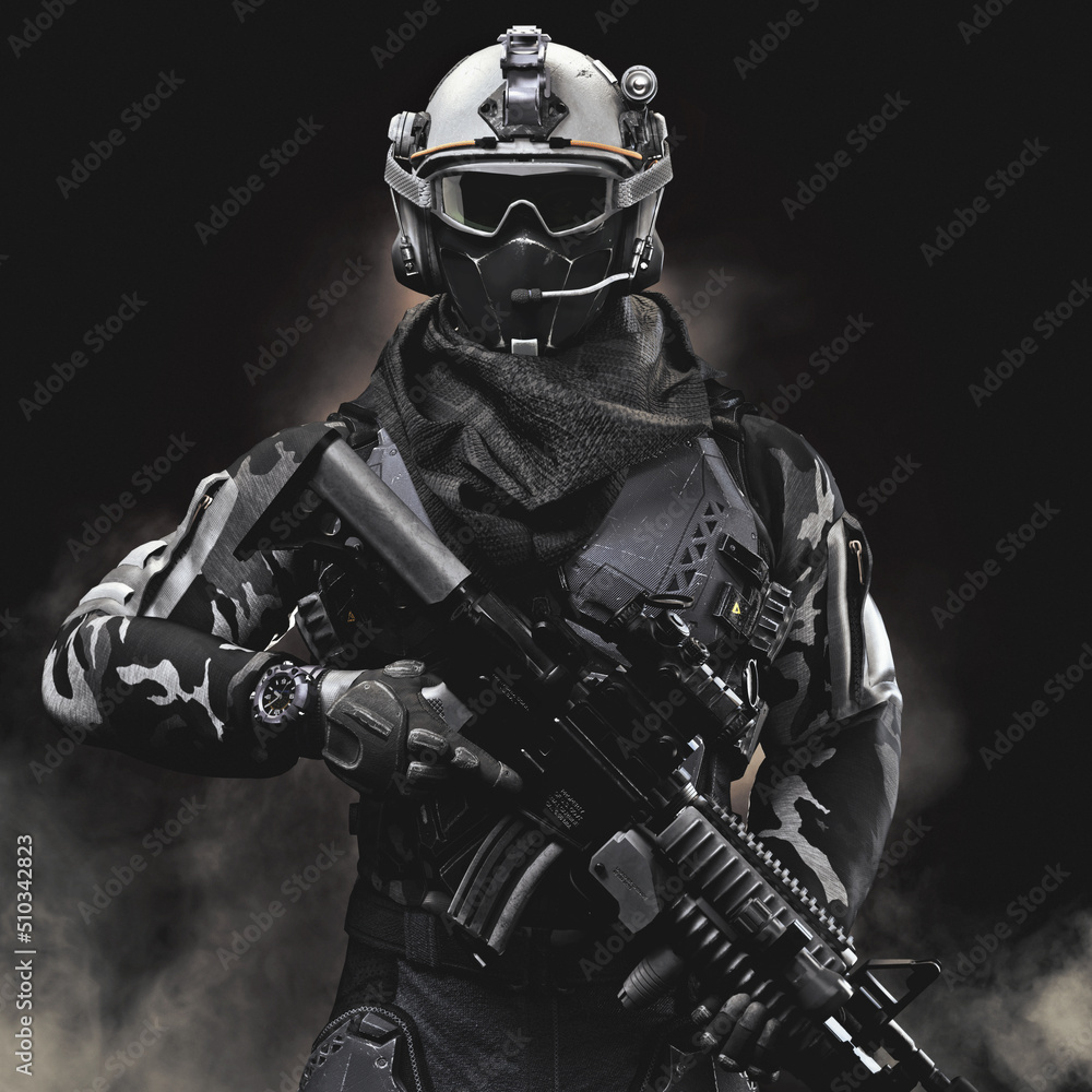 Portrait of a elite special Operation military soldier equipped with battle armor and a advanced assault rifle . 3d rendering
