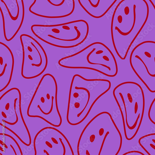 Illustration of a seamless groovy and trippy pattern. Deformed melted emoji in vintage style.