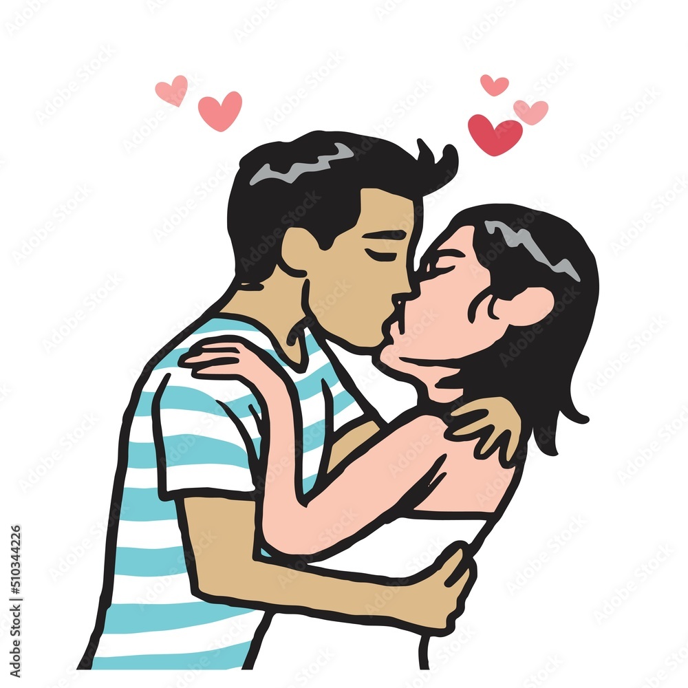 Couple Kissing Man Woman Boy and Girl Kiss Happy Valentines Day Greeting Card Design Template. Vector Cartoon Illustration