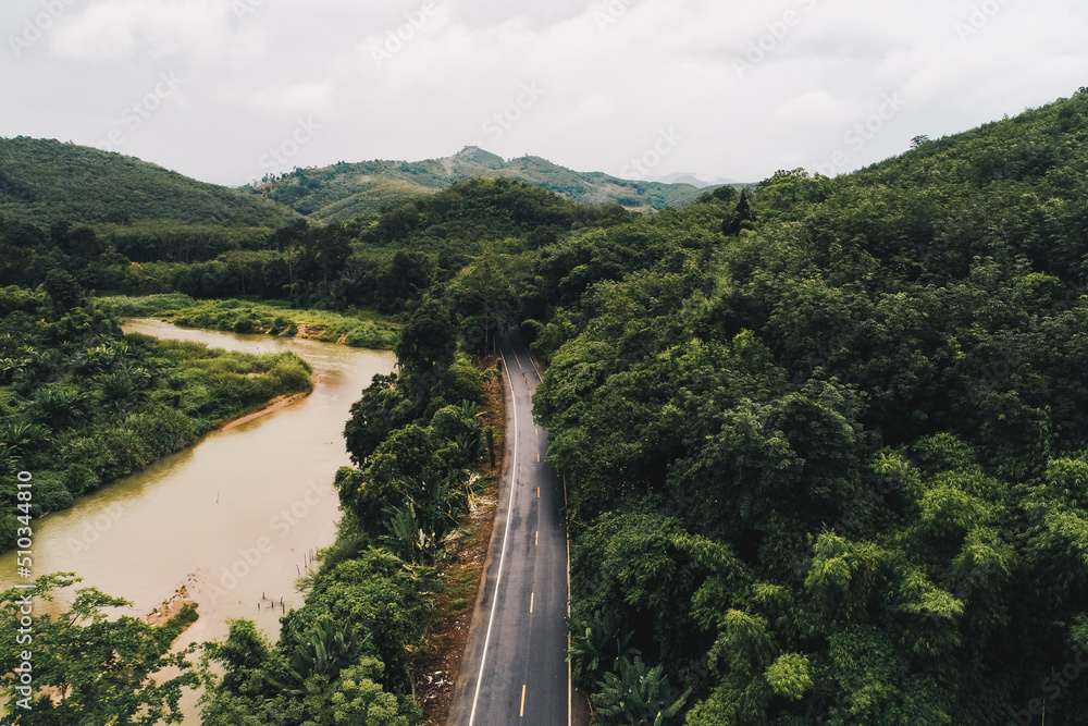 Aerial view asphalt rural road in tree forest park