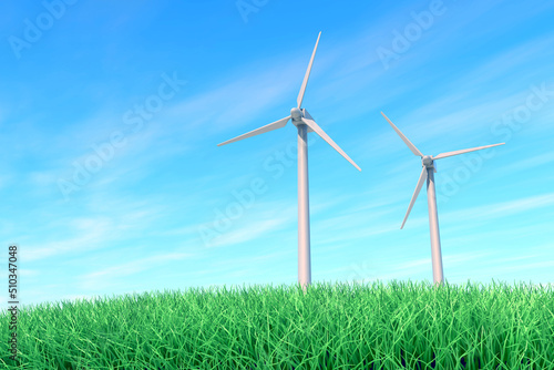 Wind turbines and the natural environment. A propeller that rotates with the force of the wind. Clean image. Renewable energy and the global environment. © PictMotion