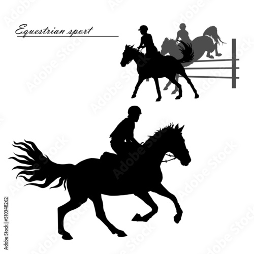 a set of silhouettes. a rider jumping over an obstacle on a horse, isolated images, a black silhouette on a white background.