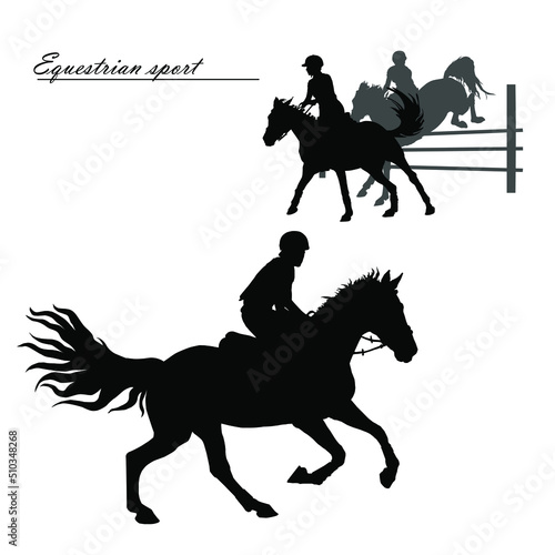 a set of silhouettes. a rider jumping over an obstacle on a horse, isolated images, a black silhouette on a white background.