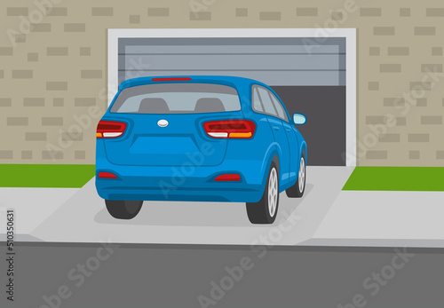 Driving a car. Perspective back view of a blue suv car entering the garage. Car on driveway. Flat vector illustration template.