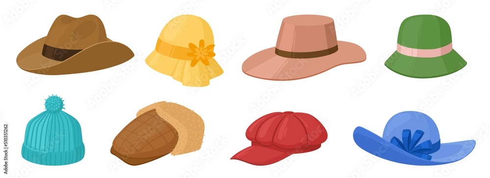 Cartoon hats vector set. Female and male headgear, kepi, knitted hat, cowboy, cap, panama. Summer women vintage fashion hats. Illustration female and male accessory.