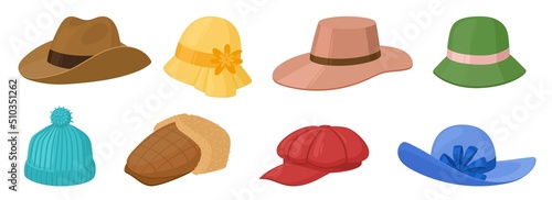 Cartoon hats vector set. Female and male headgear, kepi, knitted hat, cowboy, cap, panama. Summer women vintage fashion hats. Illustration female and male accessory.