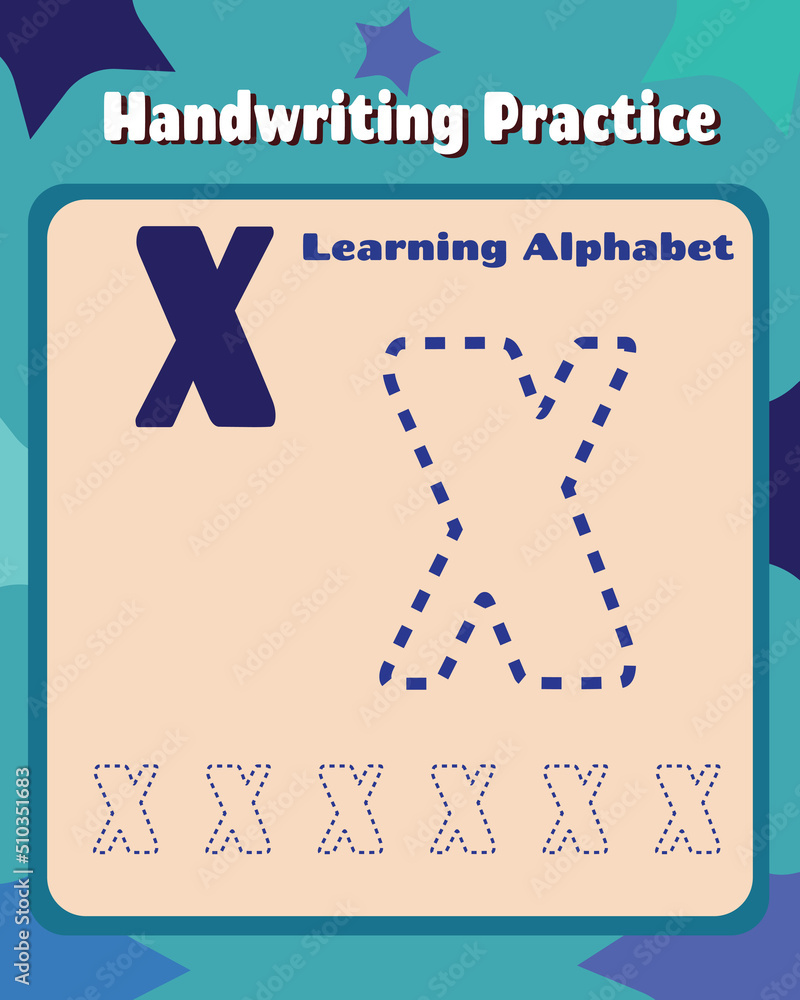 Letter X cute children colorful ABC alphabet trace practice worksheet