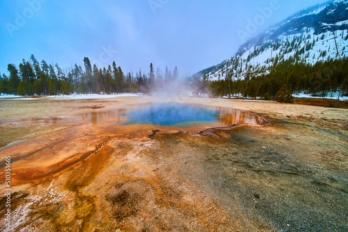 Stunning colorful pools at Yellowstone Biscuit Basin in winter