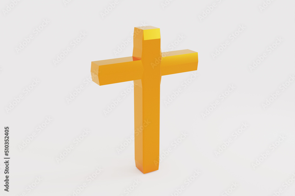 3D Rendering of a golden cross on white background with clipping path. Christian faith, catholic religion symbol.