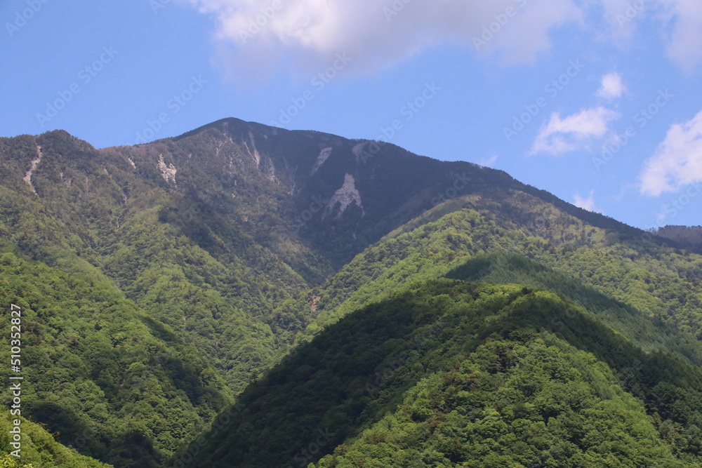 日本の山の風景。山梨県西沢渓谷を囲む山。木賊(ﾄｸｻ)山。