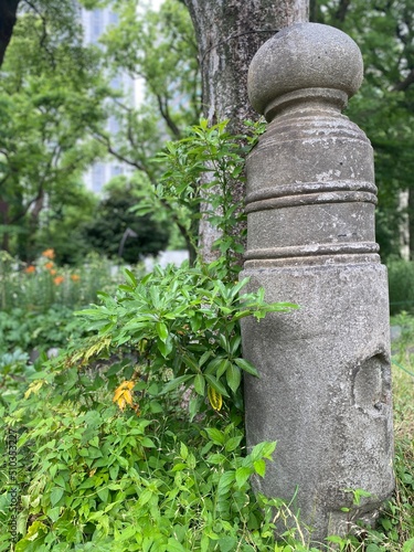 Stone handrail pole, it is a remain of “Kyobashi” bridge built in 1875, it was located to the park of Hibiya Tokyo in 1922. Shot taken on year 2022 June 11th