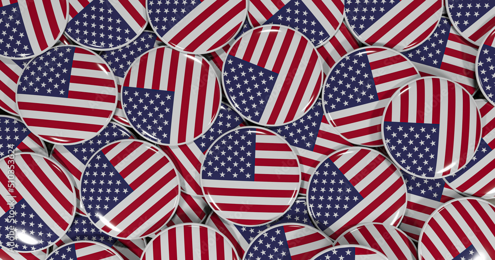 3D rendering of United State of America flag pins on a wooden table for politics, support and nationalism 3D rendering of United State of America flag pins on a wooden table for politics, support and nationalism