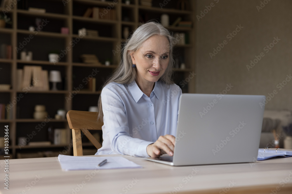 Senior businesslady working using laptop, typing e-mail, surfing information on internet, communicates on-line, prepare report. Older gen and modern wireless tech usage, workflow at homeoffice concept Senior businesslady working using laptop, typing e-mail, surfing information on internet, communicates on-line, prepare report. Older gen and modern wireless tech usage, workflow at homeoffice concept