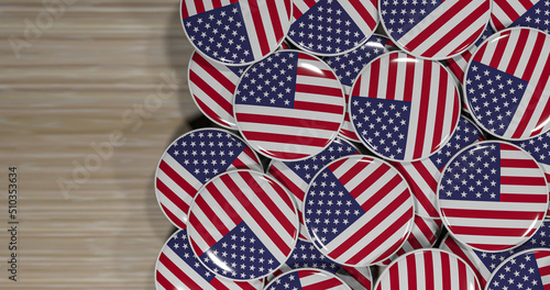 3D rendering of United State of America flag pins on a wooden table for politics, support and nationalism photo