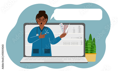 Online consultation or feedback concept. Laptop with a picture of a female pharmacist with medicines in his hand.