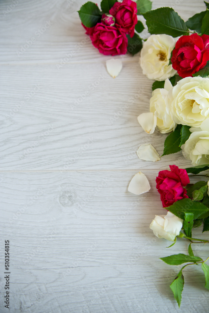 background of many white and red on a light wooden background of many white and red on a light wooden