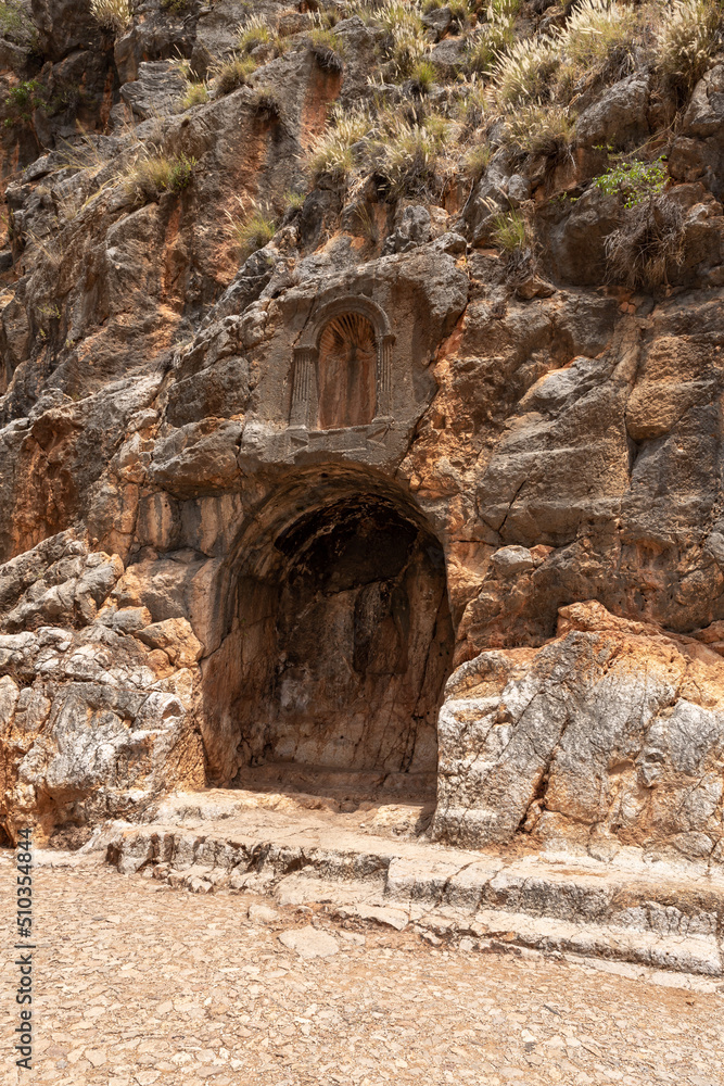 Ruins  of a rock-cut temple Khirbat Panyas Banyas near a national park in northern Israel