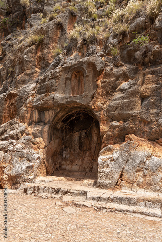 Ruins of a rock-cut temple Khirbat Panyas Banyas near a national park in northern Israel