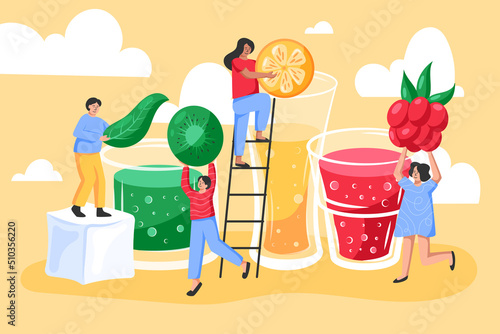 People with juice drink. Men and women with big cocktail glasses. Soda water cups. Beach girl characters carry fruits and berries. Summer beverages with lemon in cafe. Vector illustration
