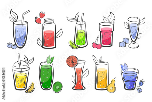 Detox juice sketch. Fresh cocktail drinks with vegan ingredients. Healthy menu of cold beverages and vitamin recipes. Fruit and berry lemonade. Soda glasses set. Vector design background
