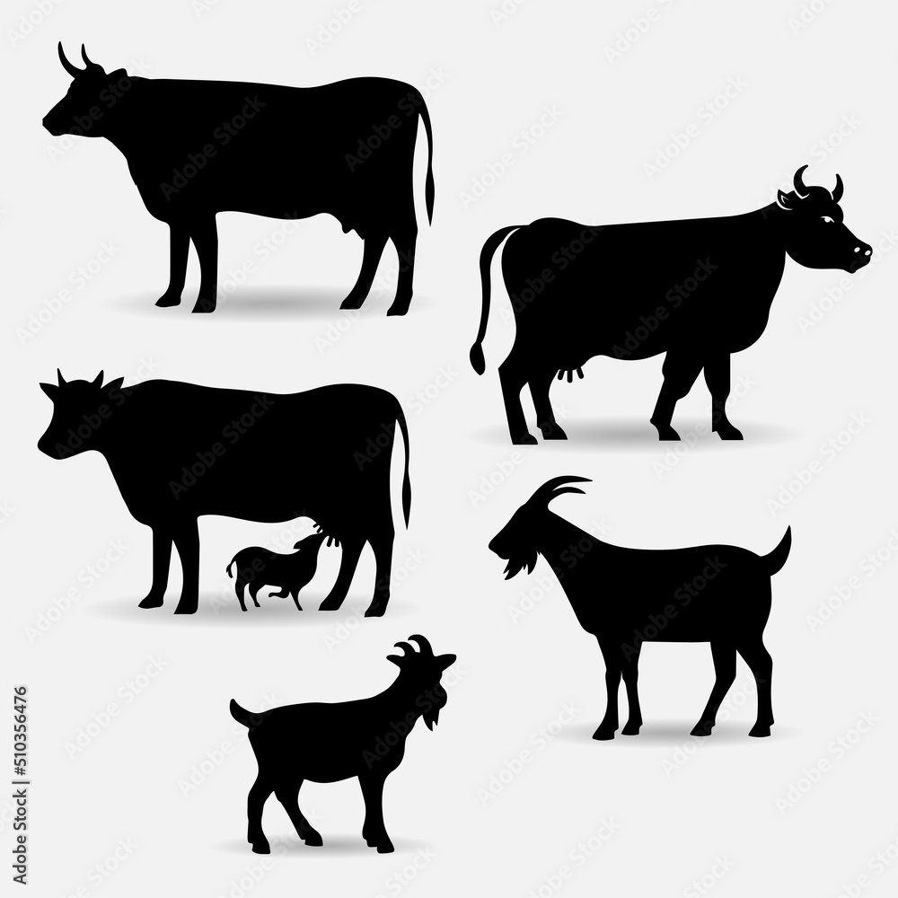 Collection of silhouette cow and goat vector illustration.