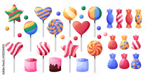 Sweet candy. Chocolate toffee, bright lollipops, bonbons and apple dragees, sugar food, colorful corn and licorice for birthday party, round striped wrapping decor vector illustration set