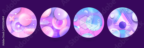 Abstract circle shapes. Wave background with fluid gradients and liquid texture in round forms. Isolated social media icons collection. Highlights covers geometric design, vector graphic