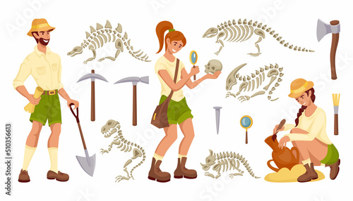Archeology tools. Palaeontologist instrument. Archaeologists search skulls and antiquities. Person with dinosaur bone or vase. History instruments. Vector paleontology excavation set