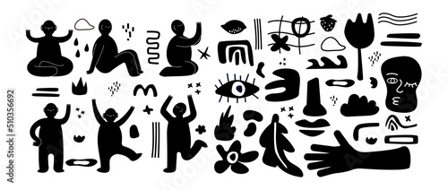 Black doodle people and flowers. Modern characters and shapes silhouettes set, abstract shapes, geometry blobs and leaves, strange man in different poses, vector graphic collection
