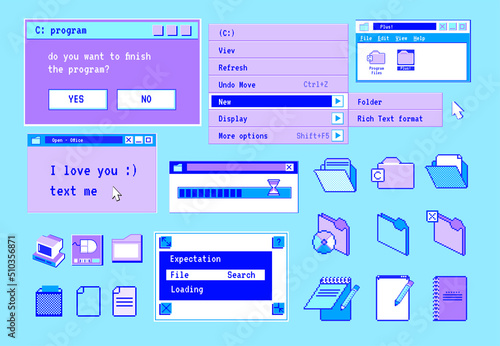 Retro computer windows. Popup 90s interface online messages. Folder and note icons. PC screen of website frames. OS menu option. Software UI dialog frame. Vector flat design stickers set