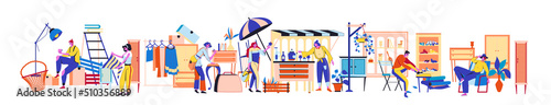 Resale market. Fair charity with choose accessories and fashion stuff. Second Hand shop. People buy clothes or antique goods in flea bazaar stalls. Discount marketplace. Vector sale store