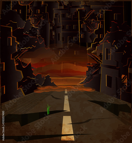Stop War wallpaper, green grass grows on a ruined street. vector illustration