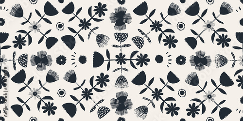 Ukrainian style floral abstract  ornament pattern. Collage contemporary hand drawn print.
Black and white. 