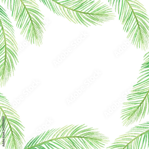 Palm leaves square frame. Watercolor illustration. Isolated on a white background.