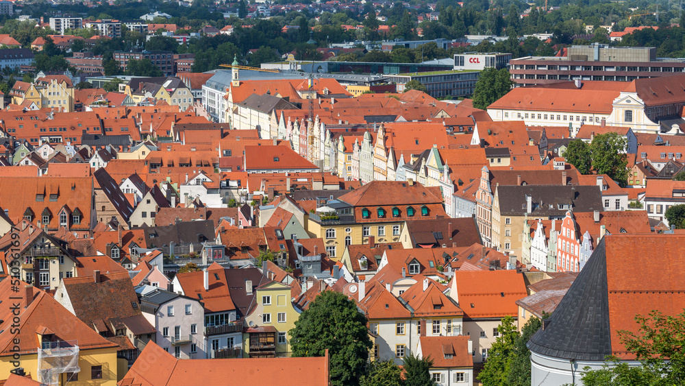 High angle view of the city of Landshut - the road with the colorful, historical buildings is called Neustadt.