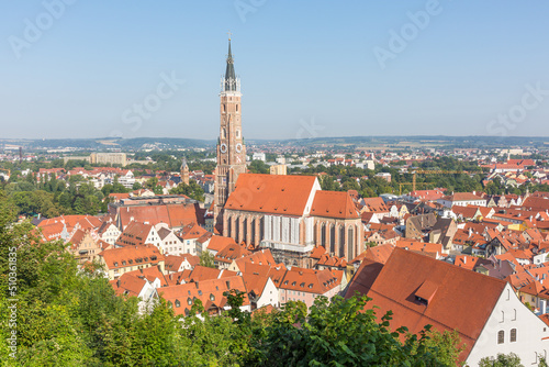 High angle view of the basilica St. Martin, Landshut. The spire is the tallest brick tower of a church in the world.