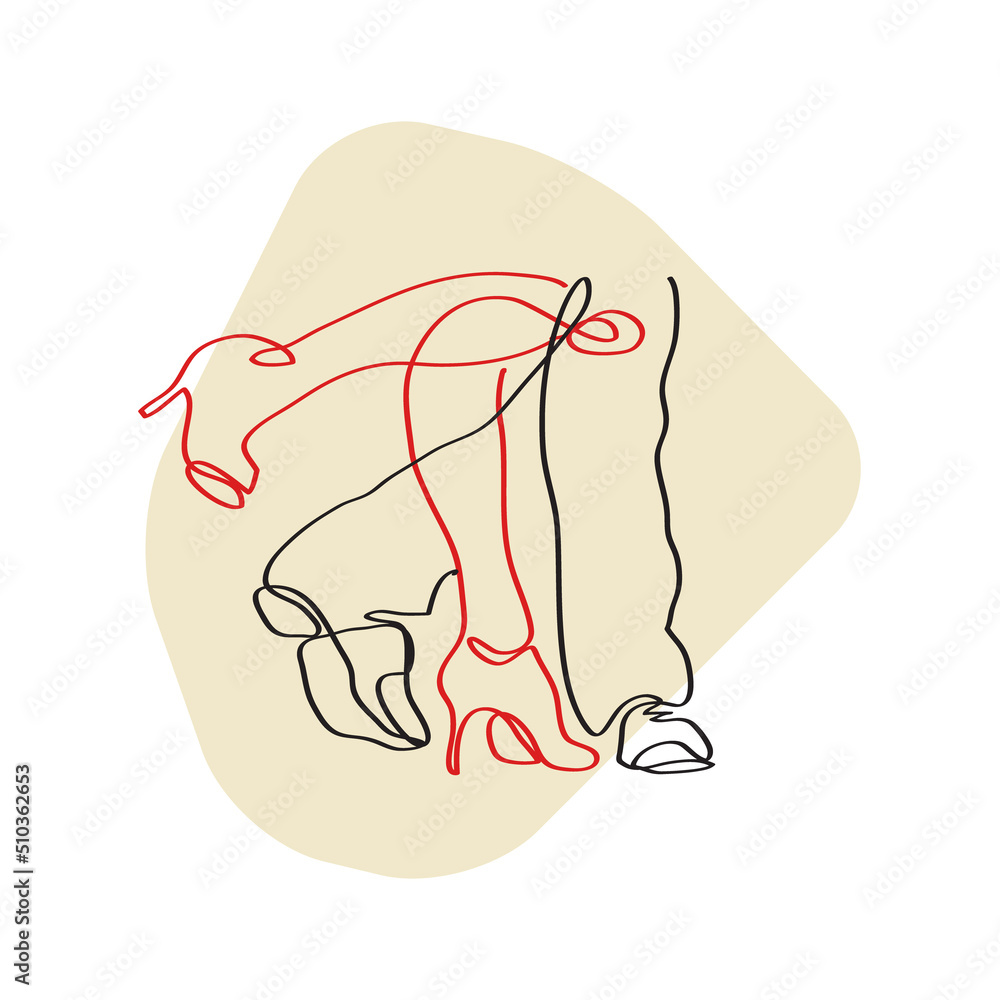 Obraz premium Dancing couple one line drawing. Minimalism art hand drawn continuous single lineart vector