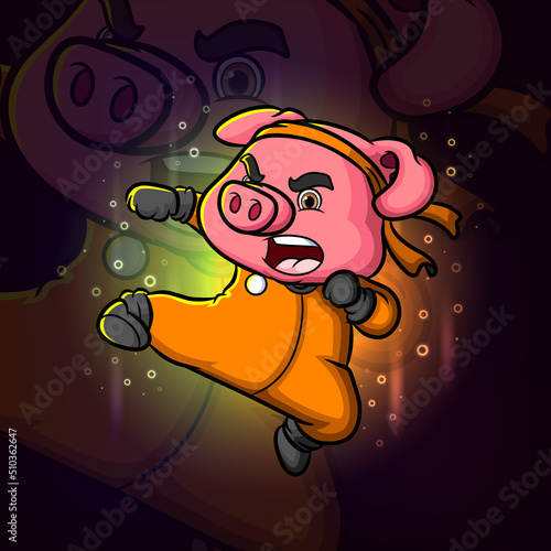 The angry kung fu pig is attacking with the punch esport mascot logo design