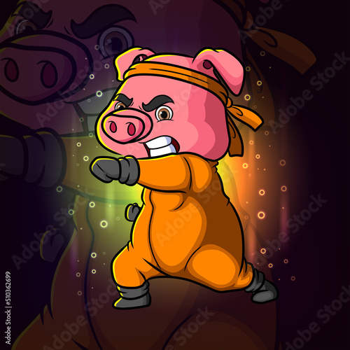 The strong kung fu pig is giving the punch esport mascot logo design