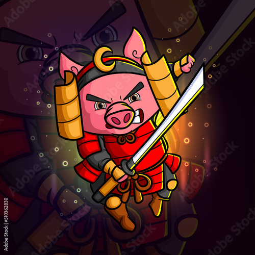 The swordsman pig is attack with the sword esport mascot logo design