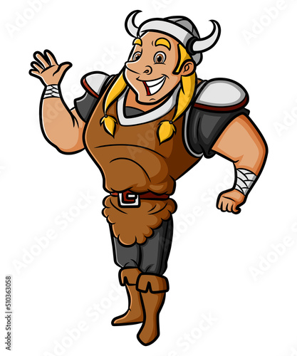 The young viking man is greeting and waving hand