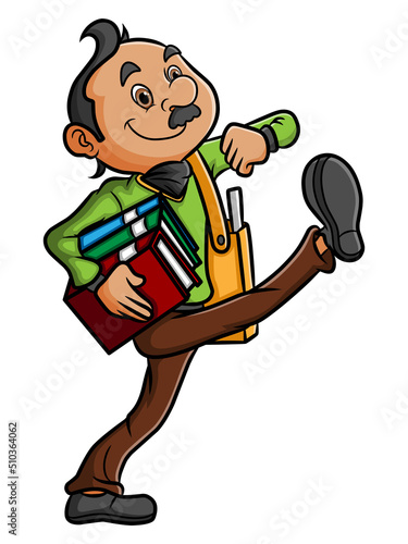 The old man is holding a lot of book and walking with full of spirit