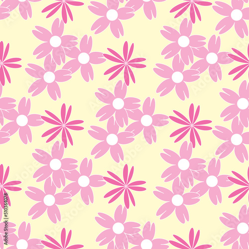 Vector yellow background white pink cherry tree flowers and cherry blossom sakura flowers. Seamless pattern background