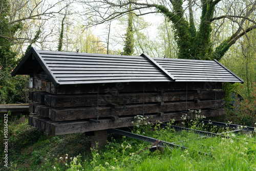 Fotografia Storage shed for timber beams used in the inundation works part of Fort Bij Asperen near Asperen